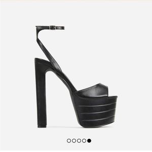 CAKE ANKLE STRAP PEEP TOE EXTREME PLATFORM THIN BLOCK HEEL IN BLACK FAUX LEATHER
